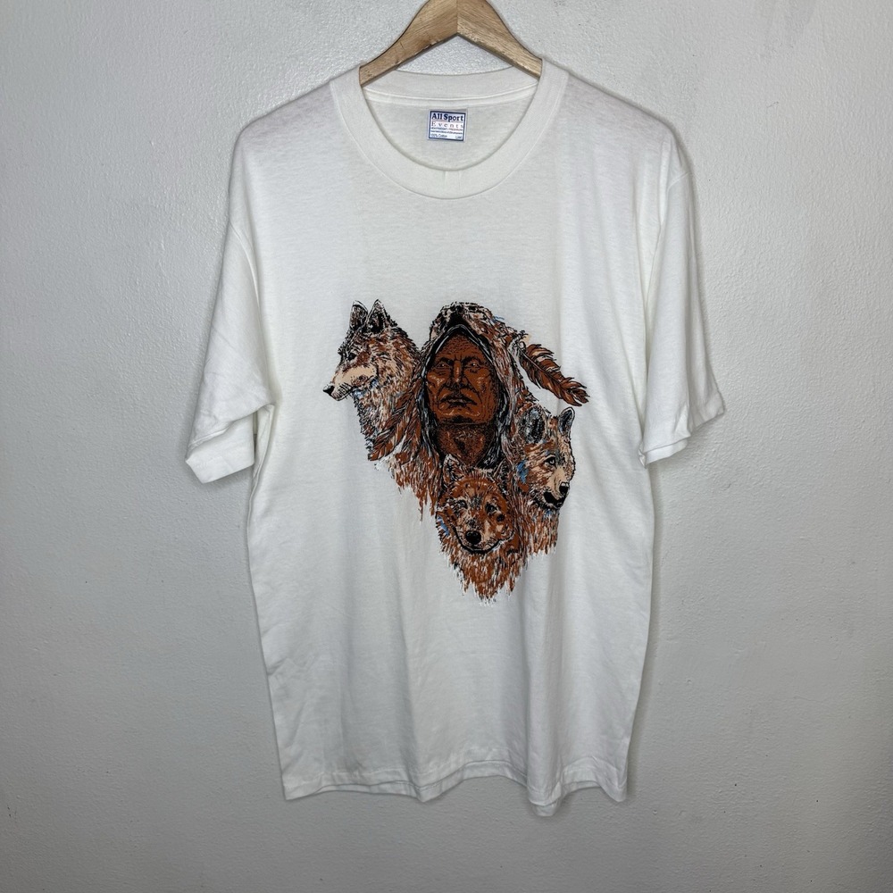 Vintage Single‎ Stitch All Sport Wolf  White T-Shirt Mens Large Native American